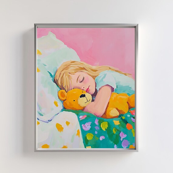 Sleeping Girl Hugging Teddy Bear Sweet Dreams Nursery Art Poster