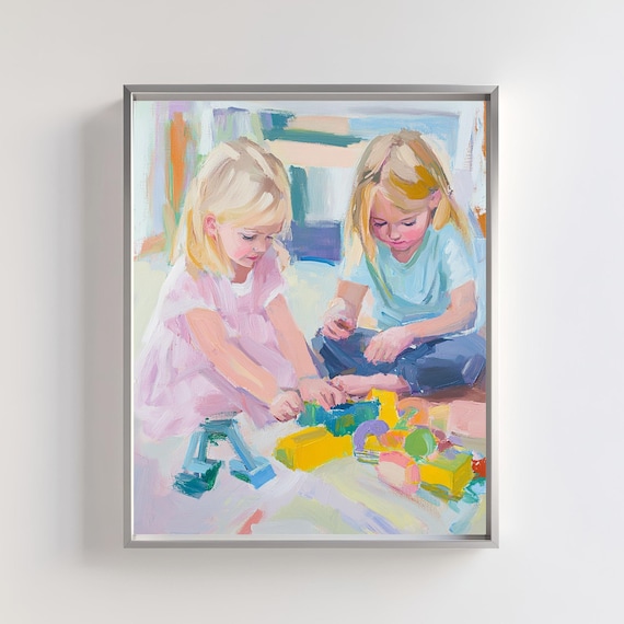 Two Girls Playing With Colorful Blocks Pastel Kids Room Art Poster
