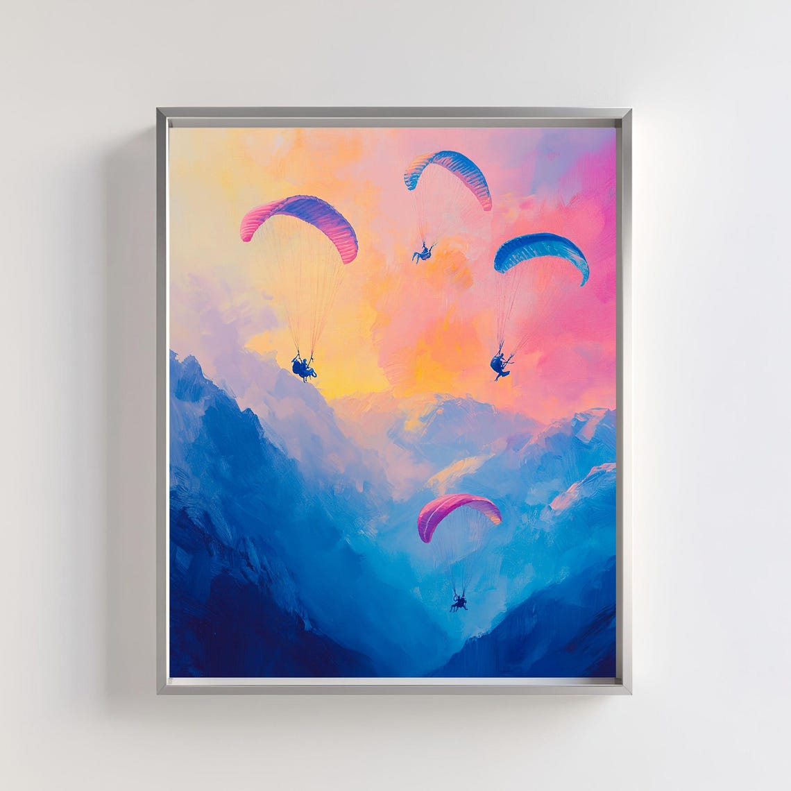 Paragliding Art Print Adventure Sports Decor Vibrant Sky And Mountain Scene Extreme Sports Art Parachute Painting Colorful Sky Art