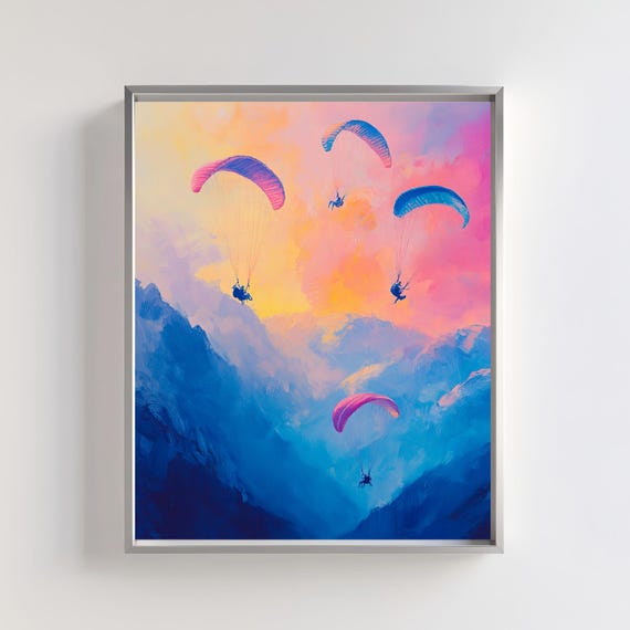 Paragliding Art Print Adventure Sports Decor Vibrant Sky And Mountain Scene Extreme Sports Art Parachute Painting Colorful Sky Art