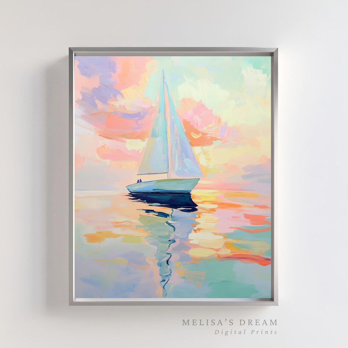 Pastel Sailboat Art Print, Nautical Coastal Seascape
