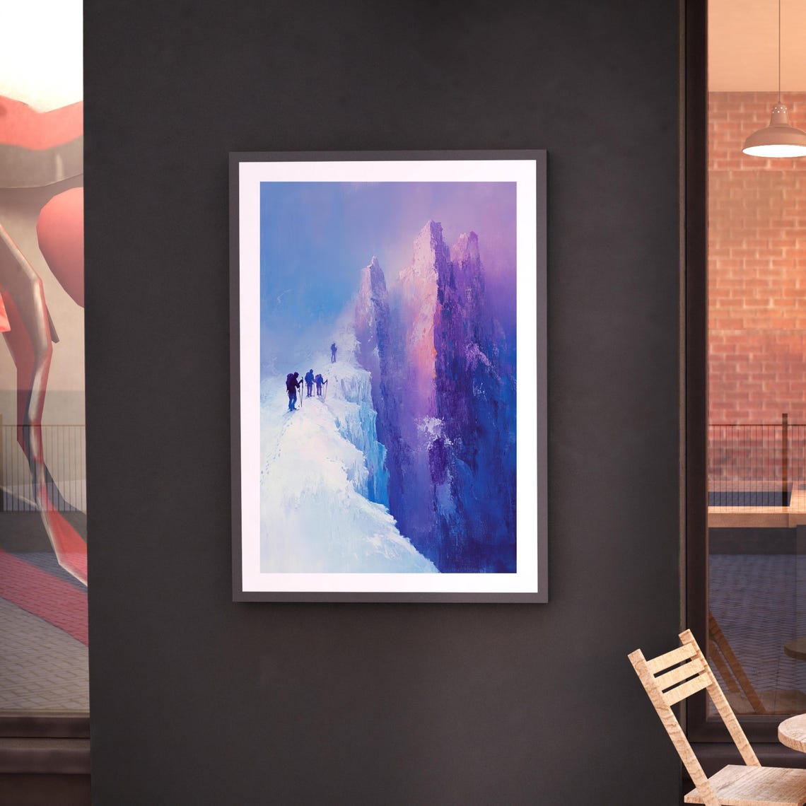 Mountain Hiking And Climbing Print Winter Adventure Scene Extreme Sports Decor Snowy Landscape Wall Art Snowy Cliff Abstract Artwork - Image 5