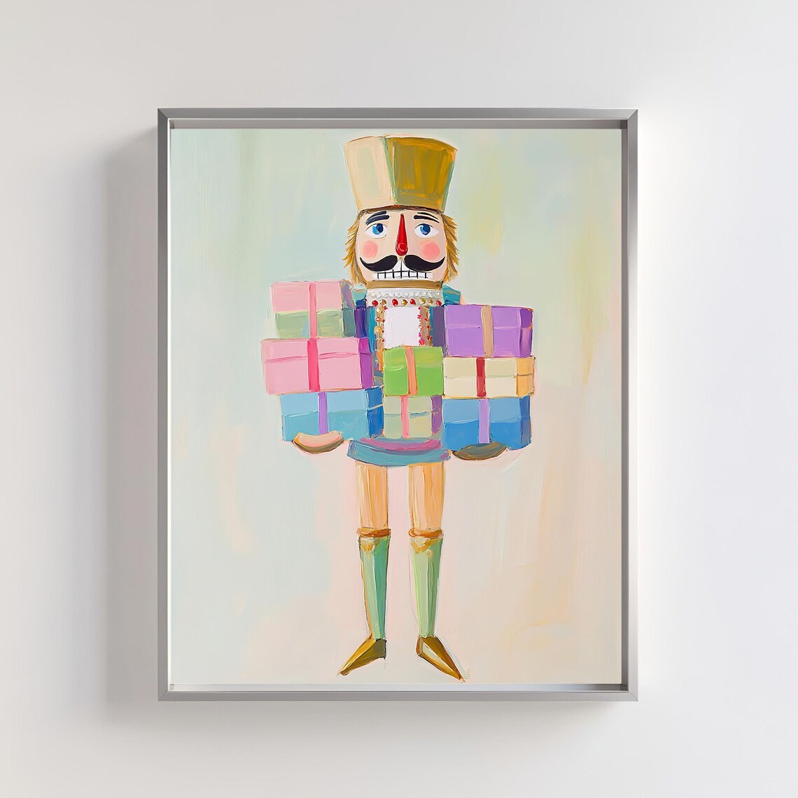 Adorable Nutcracker Soldier Carrying Colorful Christmas Gifts Art Poster