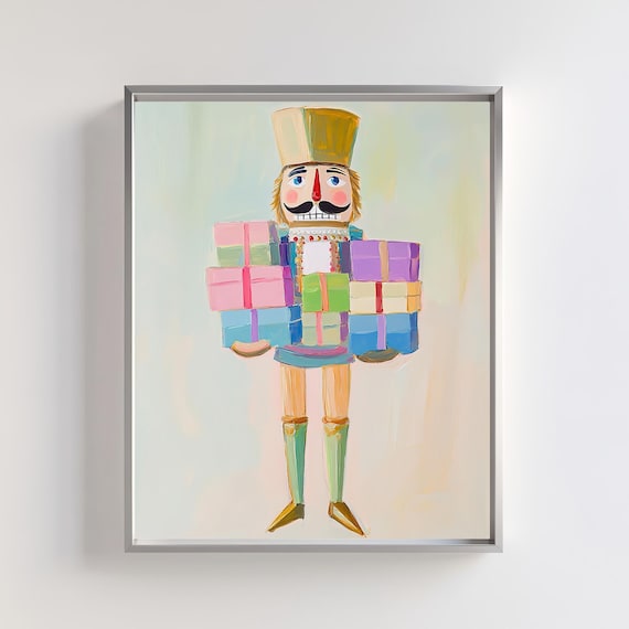 Adorable Nutcracker Soldier Carrying Colorful Christmas Gifts Art Poster