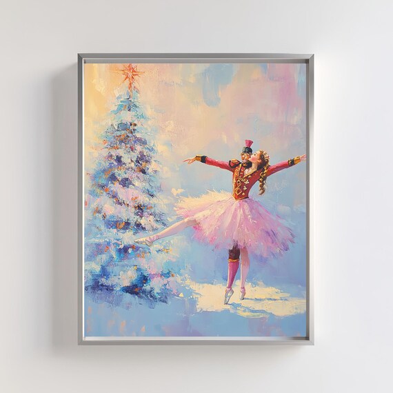 Nutcracker Ballerina Dancing by Christmas Tree Holiday Art Poster