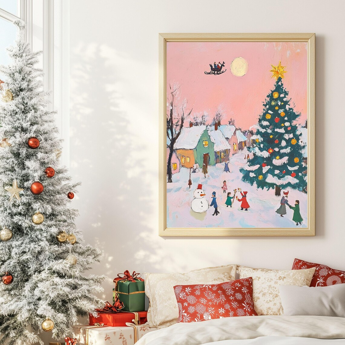 Pink Sky Christmas Village With Santa Sleigh Flying Art Poster - Image 2