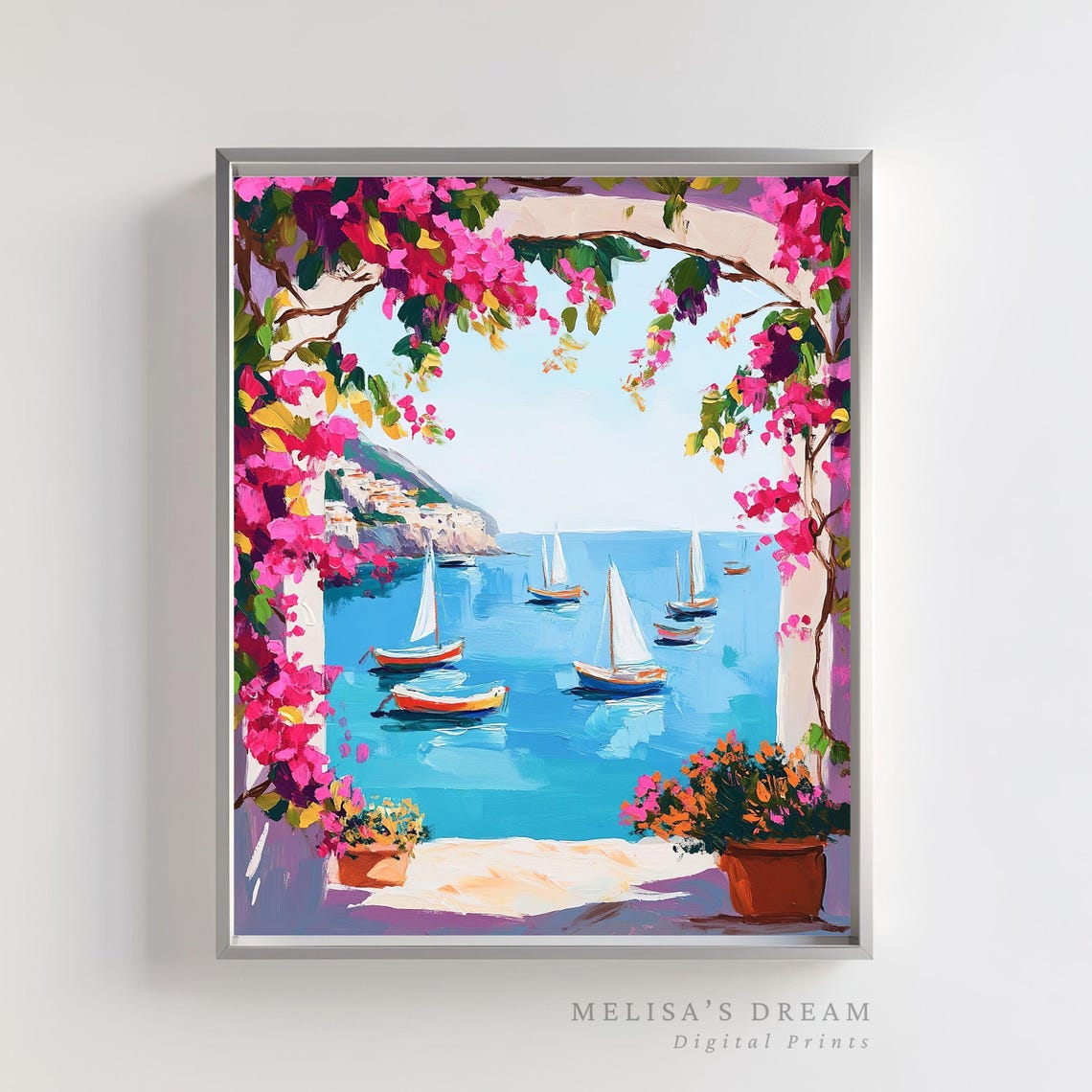 Mediterranean Archway Bougainvillea Sailboats Seaside View Art Poster