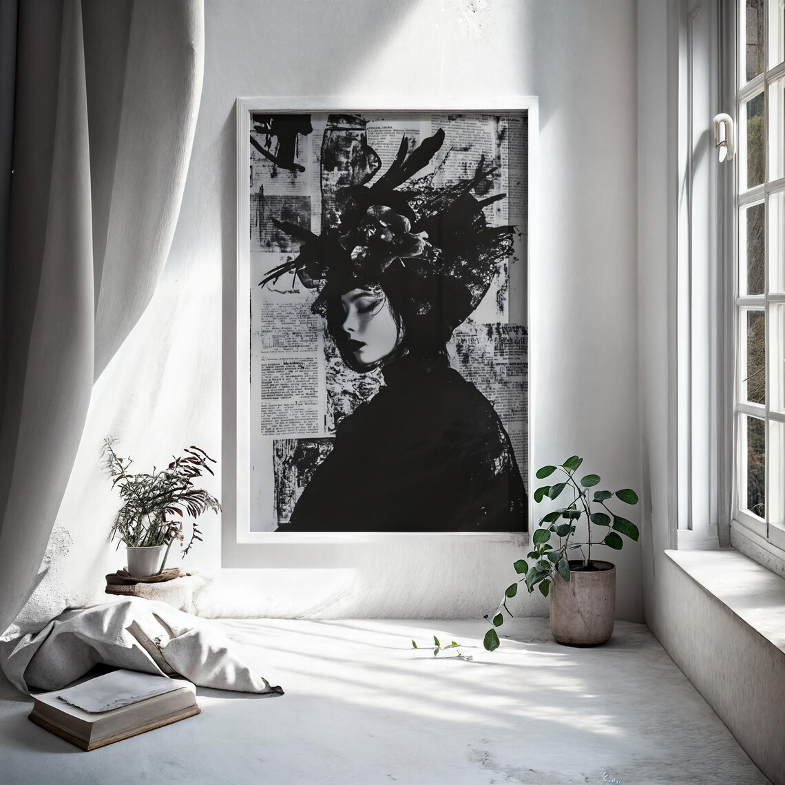 Dramatic Black And White Newspaper Woman Portrait Fashion Wall Art - Image 3