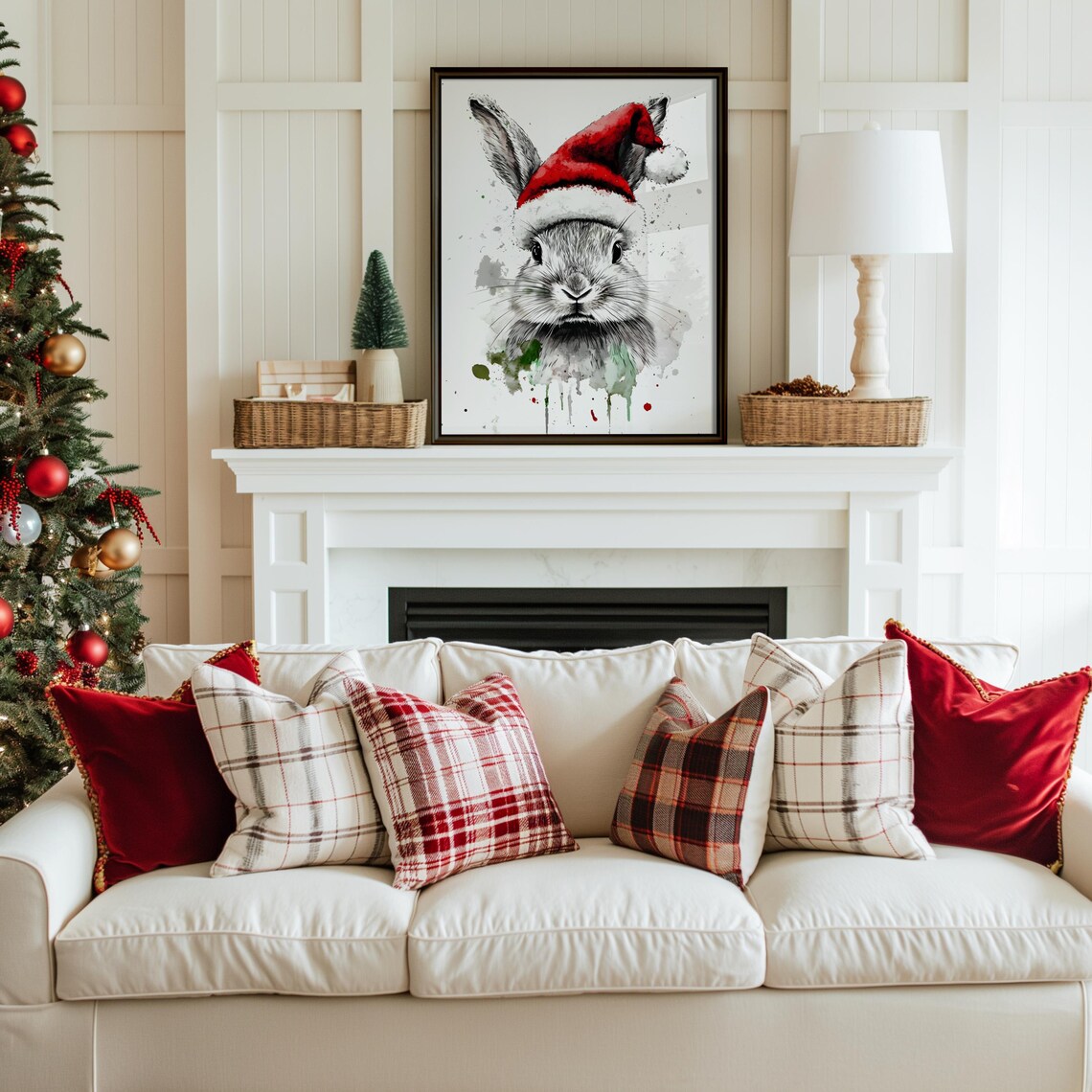 Bunny In Santa Hat Watercolor Cute Rabbit Christmas Holiday Poster - Image 4