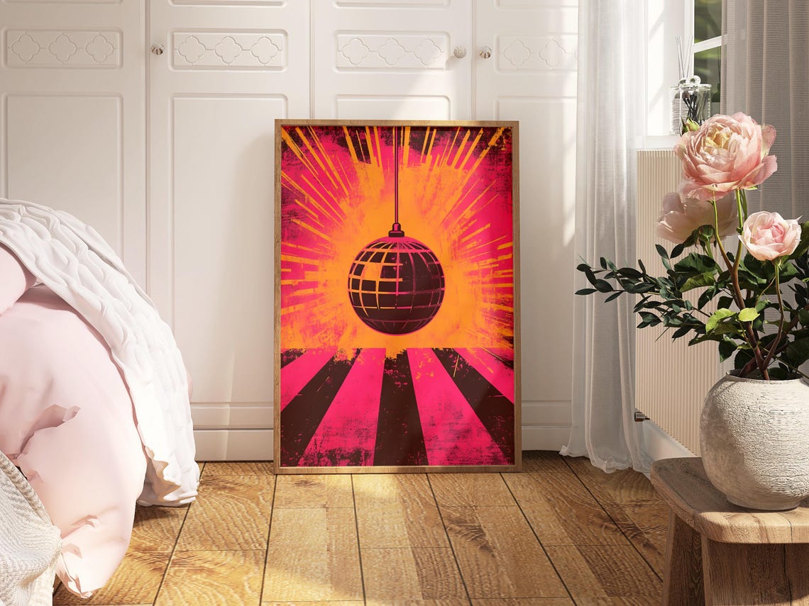Vintage Disco Ball Hanging Sunburst Orange Pink Pop Art Poster - Image 3