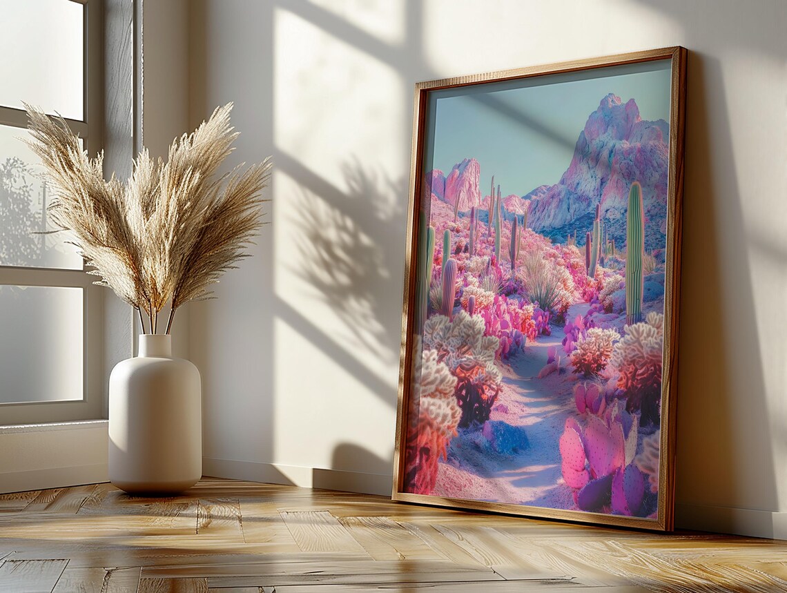 Retro Pink Desert Landscape Vintage Cactus Poster - Image 2