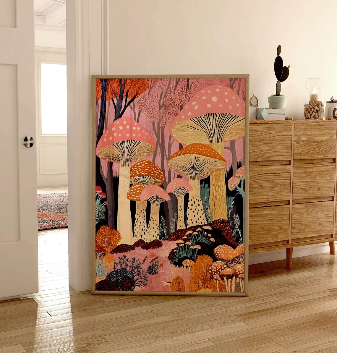 Whimsical Pink Mushroom Forest Fairy Illustration Art Poster - Image 5
