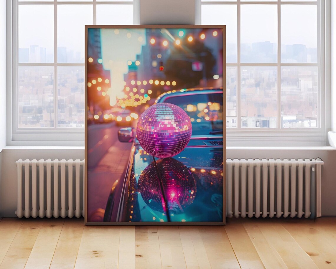 Disco Ball On A Classic Car Hood Under City Lights At Night Poster