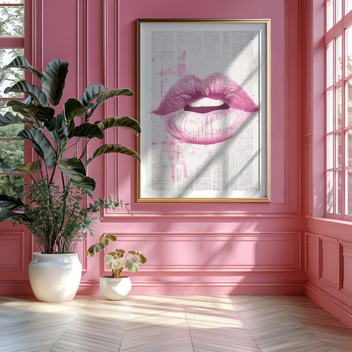 Bold Pink Lips Pop Art Over Newspaper Background Beauty Wall Art - Image 2