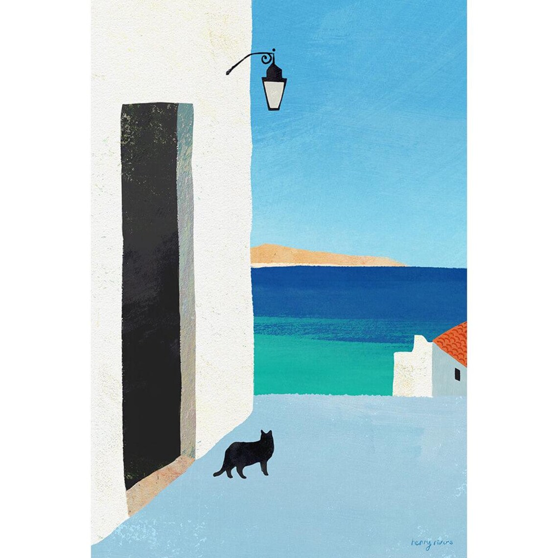 Black Cat in Greece Travel Poster, Henry Rivers - Image 3