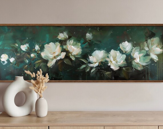 Emerald Blooming Flowers Atmospheric Botanical Art Dark Floral Panoramic Print For Above Bed Decor Moody Abstract Flower Painting Print