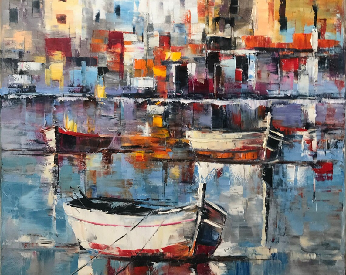 Harbor Boats Waterfront Buildings Abstract Oil Painting Coastal Poster - Image 3