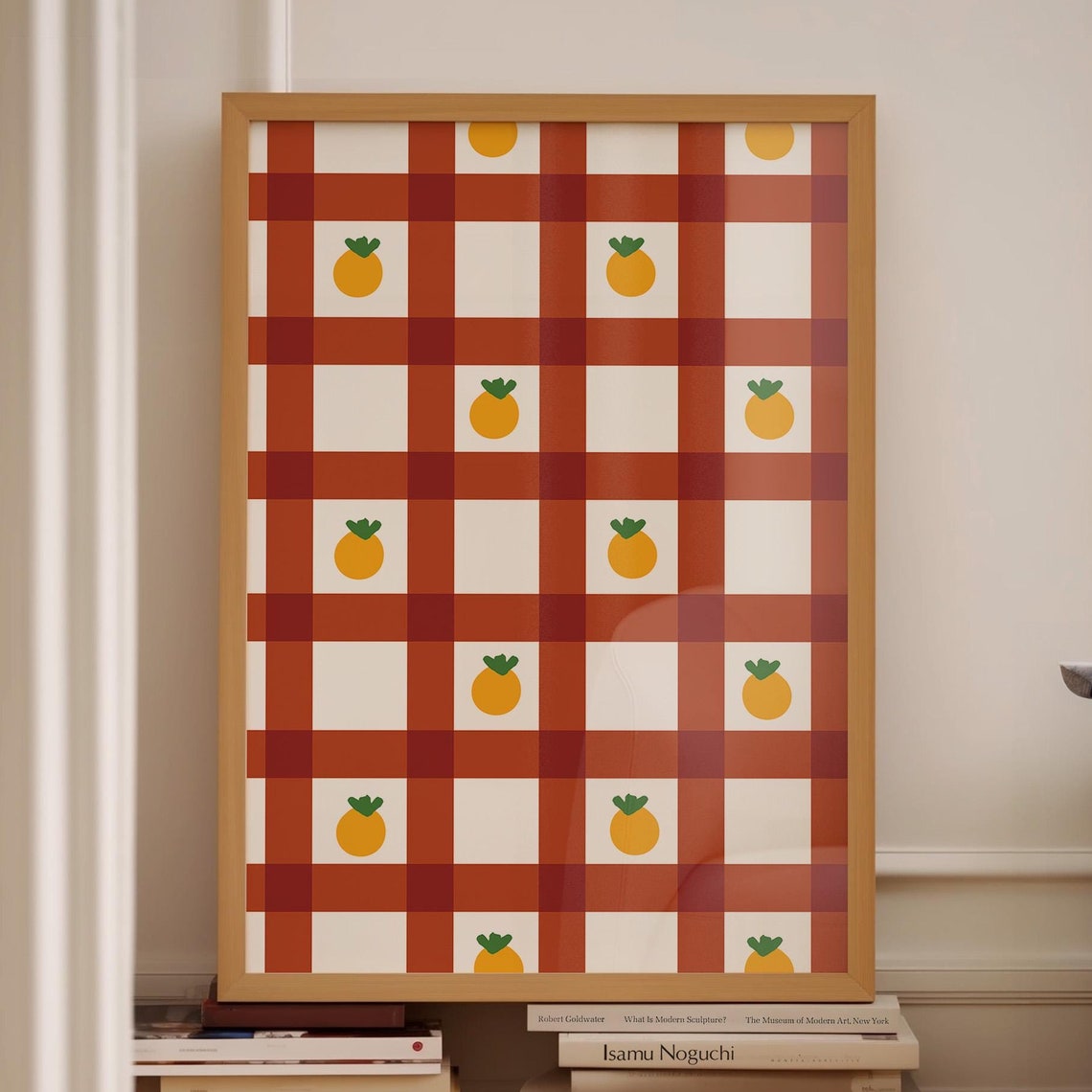 Burnt Orange Gingham Check Clementine Fruit Pattern Kitchen Poster