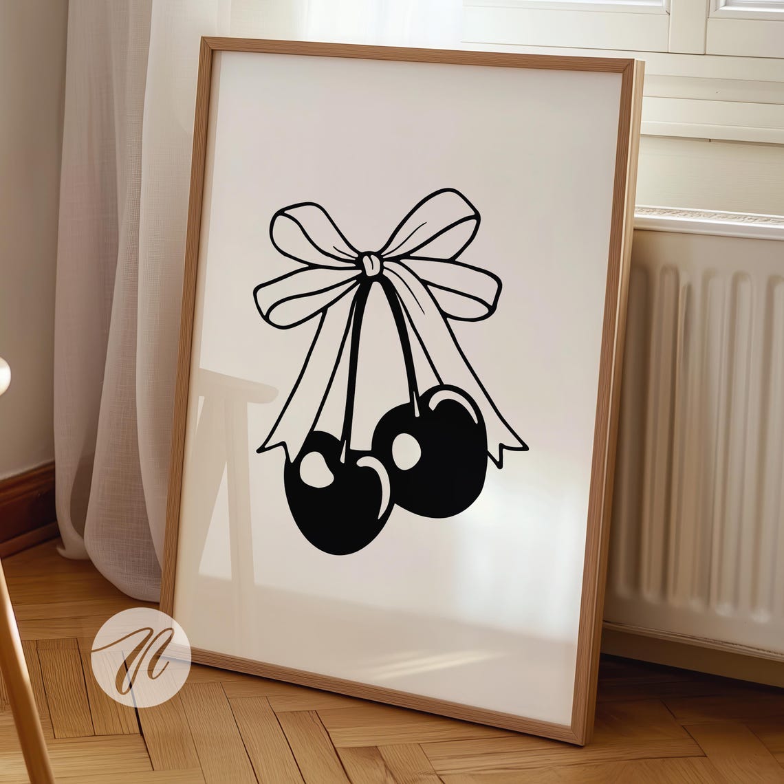Black Cherry Bow Coquette Ribbon Minimalist Line Art Poster Decor
