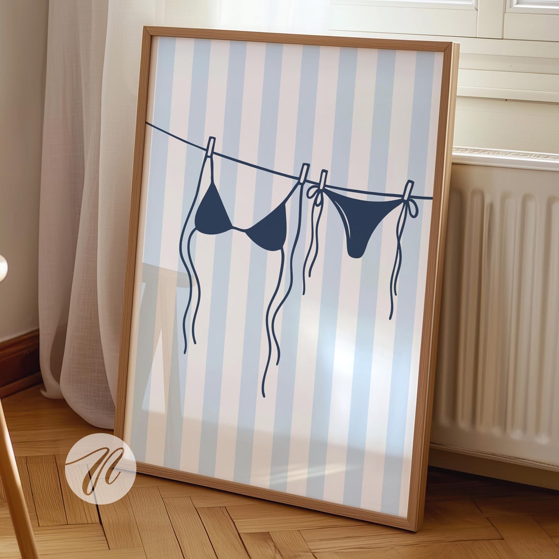 Navy Bikini Clothesline Coastal Beach Laundry Room Decor Wall Art