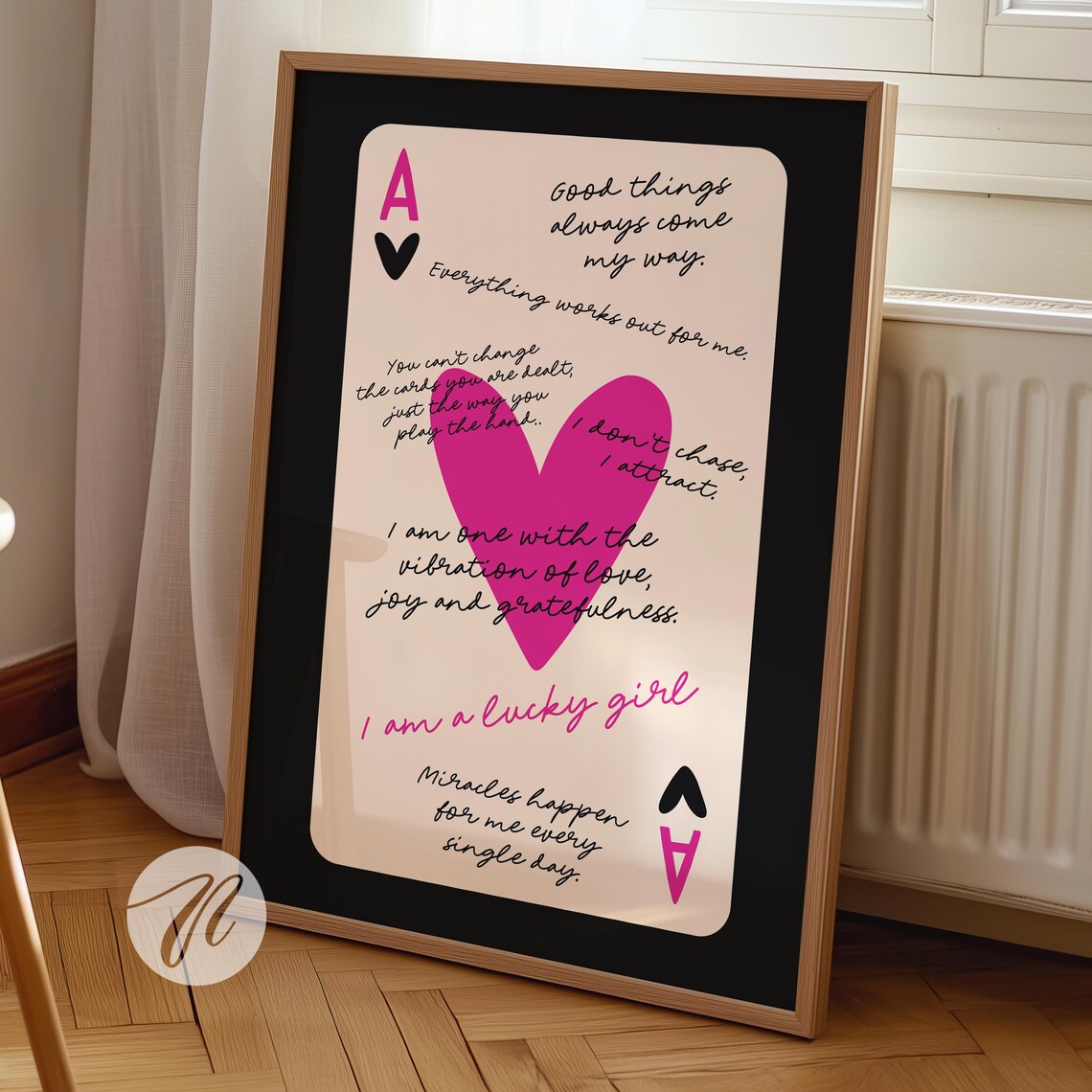 Lucky Girl Affirmations Pink Heart Ace Playing Card Art Print