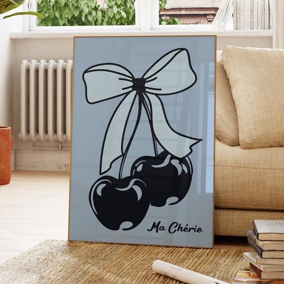Black Cherries Big Bow Ma Cherie Coquette Girly Fruit Art Poster