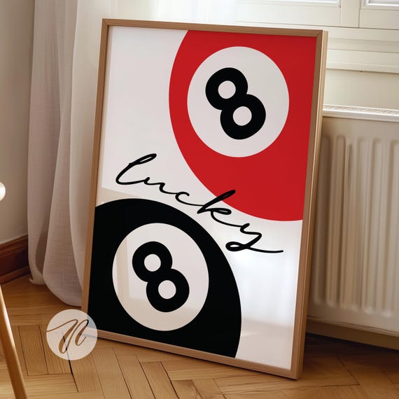 Lucky 8 Ball Print Retro Girl Poster Red Vintage Pool Wall Art Y2k Apartment Decor Funky Eight Bar Cart