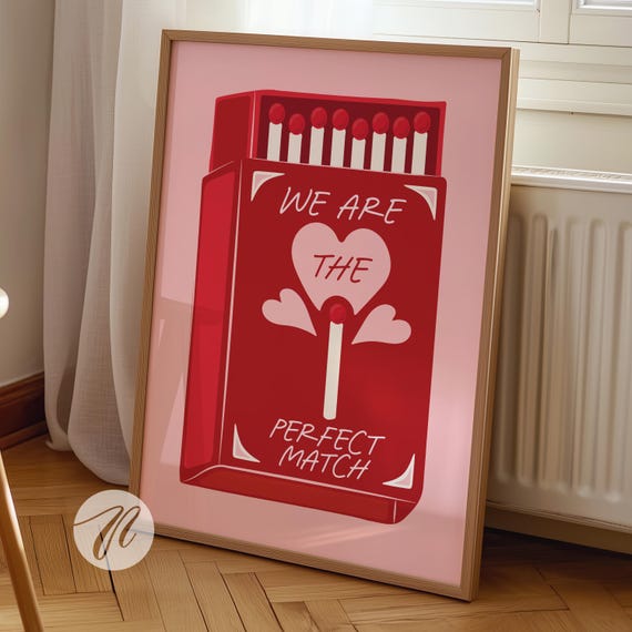 Perfect Match Prints Red Matchbox Valentines Day Decor Cute Print Retro Wall Art Posters