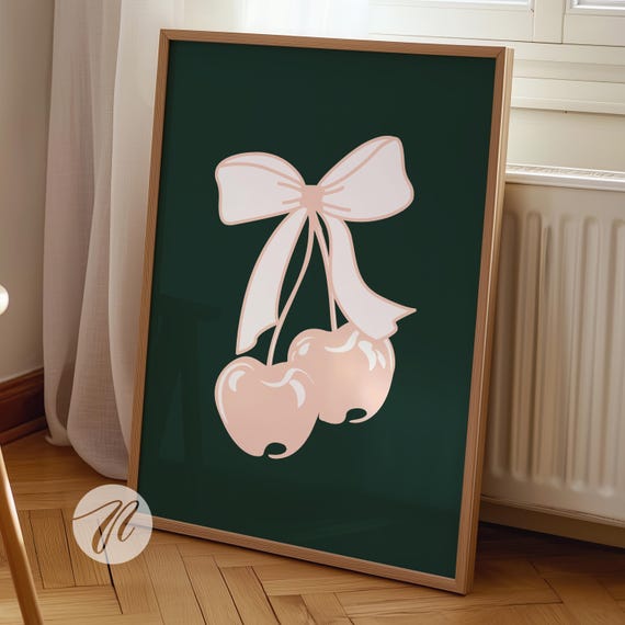 Pink Green Bow Cherry Poster Hand Illustrated Wall Art Prints Trendy Preppy Room Coquette College Apartment Decor