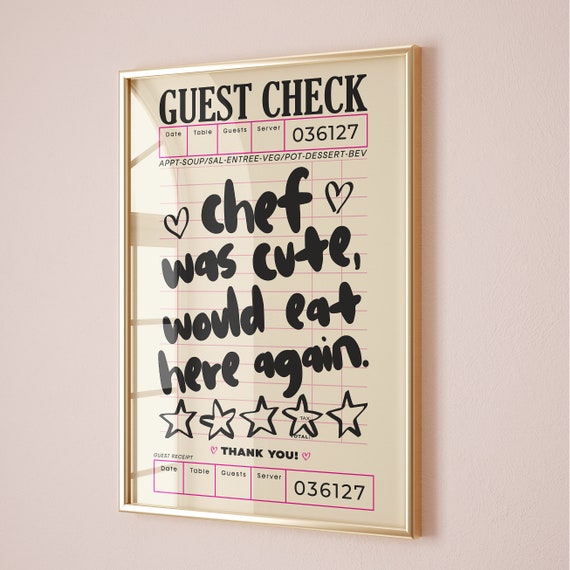Guest Check Print Trendy Chef Was Cute Would Eat Here Again Wall Art Retro Kitchen Poster Dining Room Decor Beige