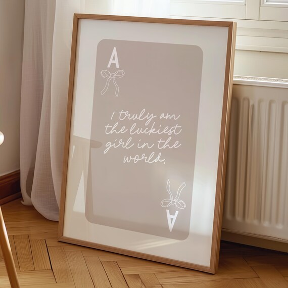Beige Bow Print Ace Card Lucky Girl Syndrome Poster Preppy Wall Art Coquette Room Decor Neutral Apartment Girly