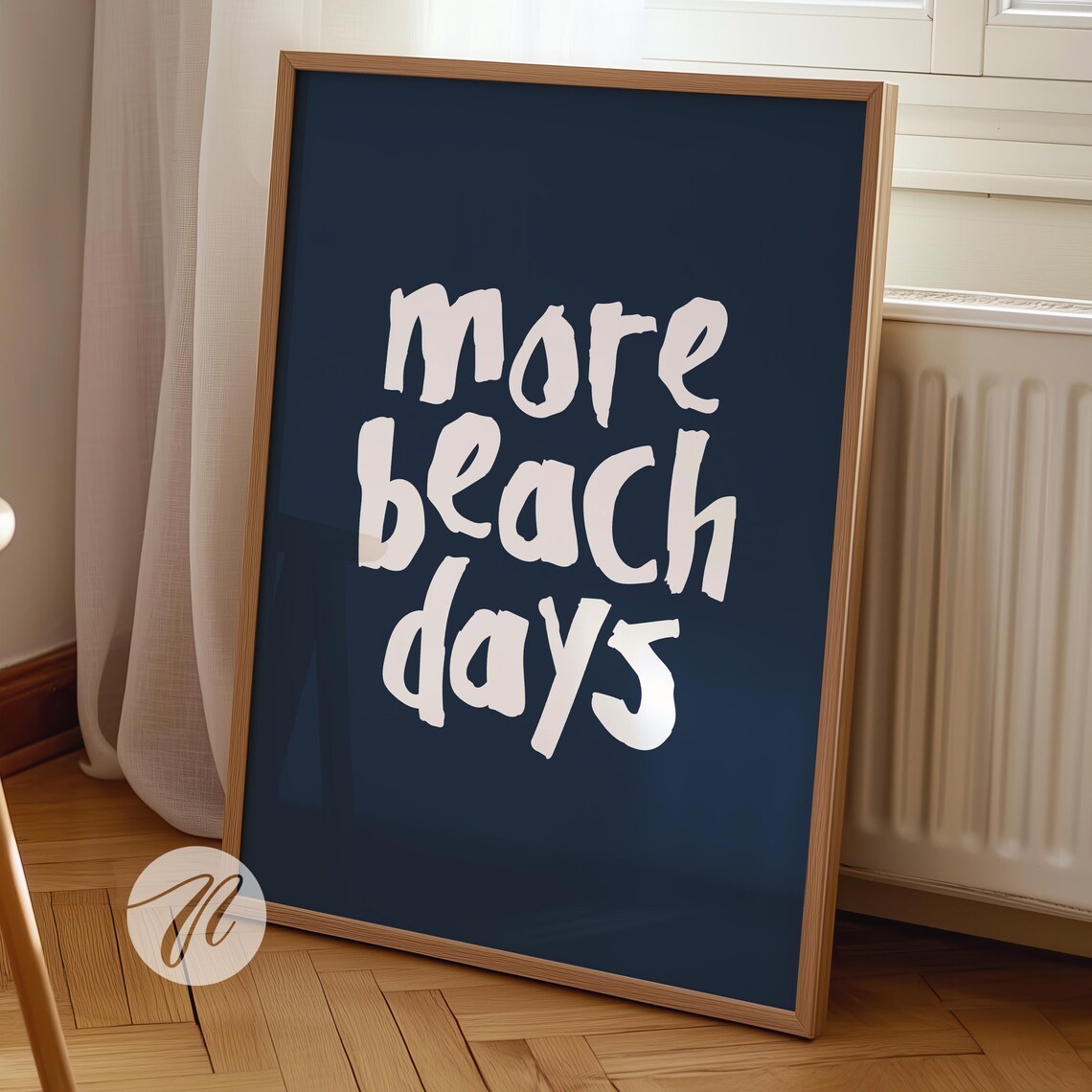 More Beach Days White Brush Script Navy Background Coastal Quote Poster