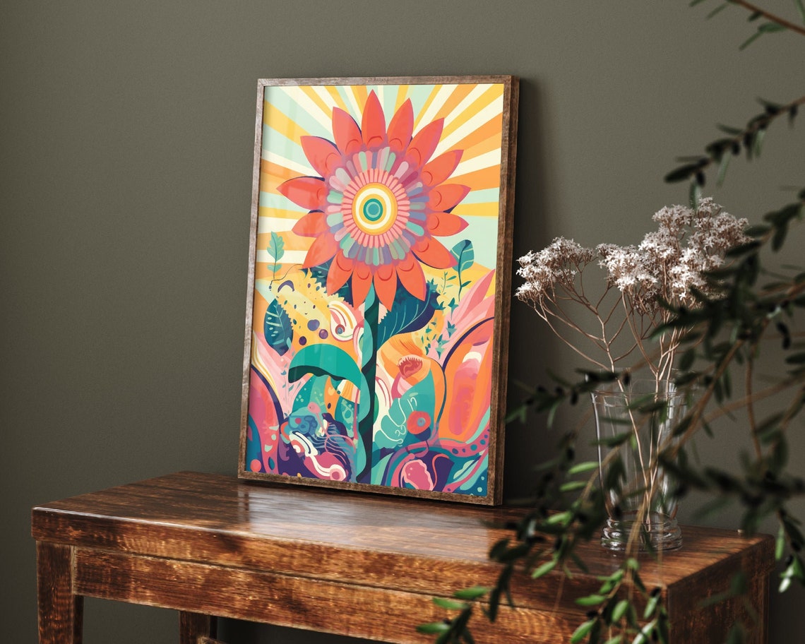 Psychedelic Sunflower Bloom Radiating Sunburst Abstract Poster
