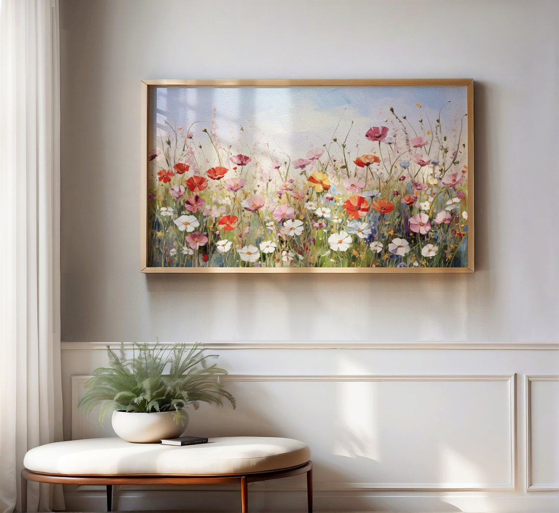 Colorful Wildflower Meadow Sky Pink Red White Flowers Art Poster - Image 3