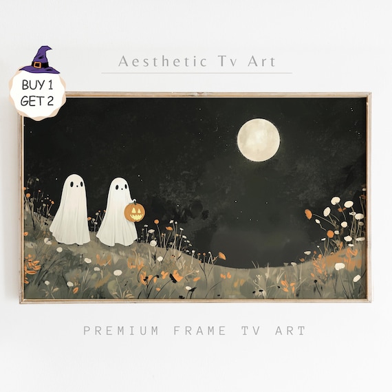Two Ghosts Under Full Moon with Jack-O-Lantern Night Halloween TV Art