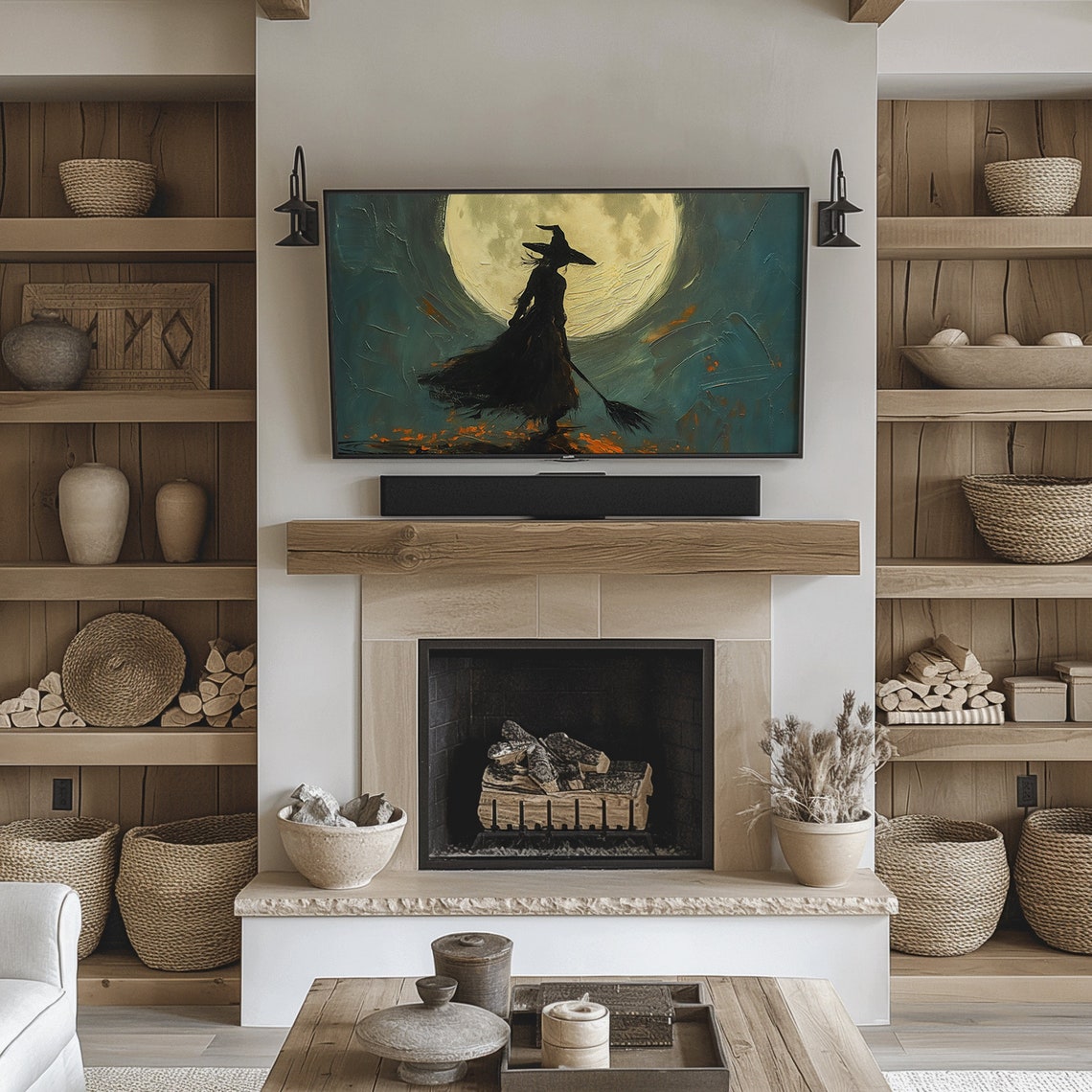 Witch Silhouette Full Moon Broom Textured Dark Teal Halloween Poster - Image 2