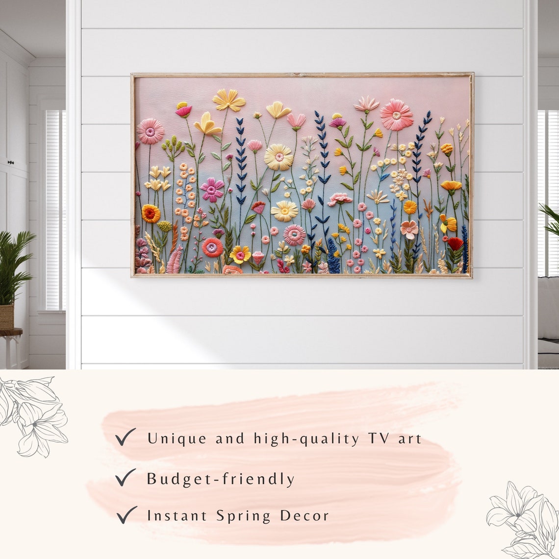 Embroidered Pastel Wildflowers Textured Spring Flower Art Poster - Image 3