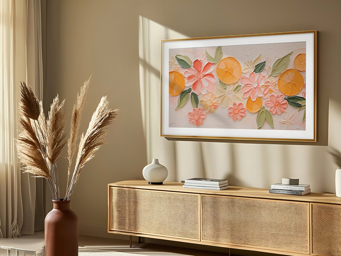 Orange Slices Pink Flowers Textured Impasto Summer Fruit Art Poster - Image 3