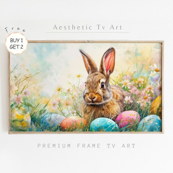 Easter Frame Tv Art Cute Easter Rabbit Watercolor Painting Spring Wildflowers Frame Tv Modern Farmhouse Decor
