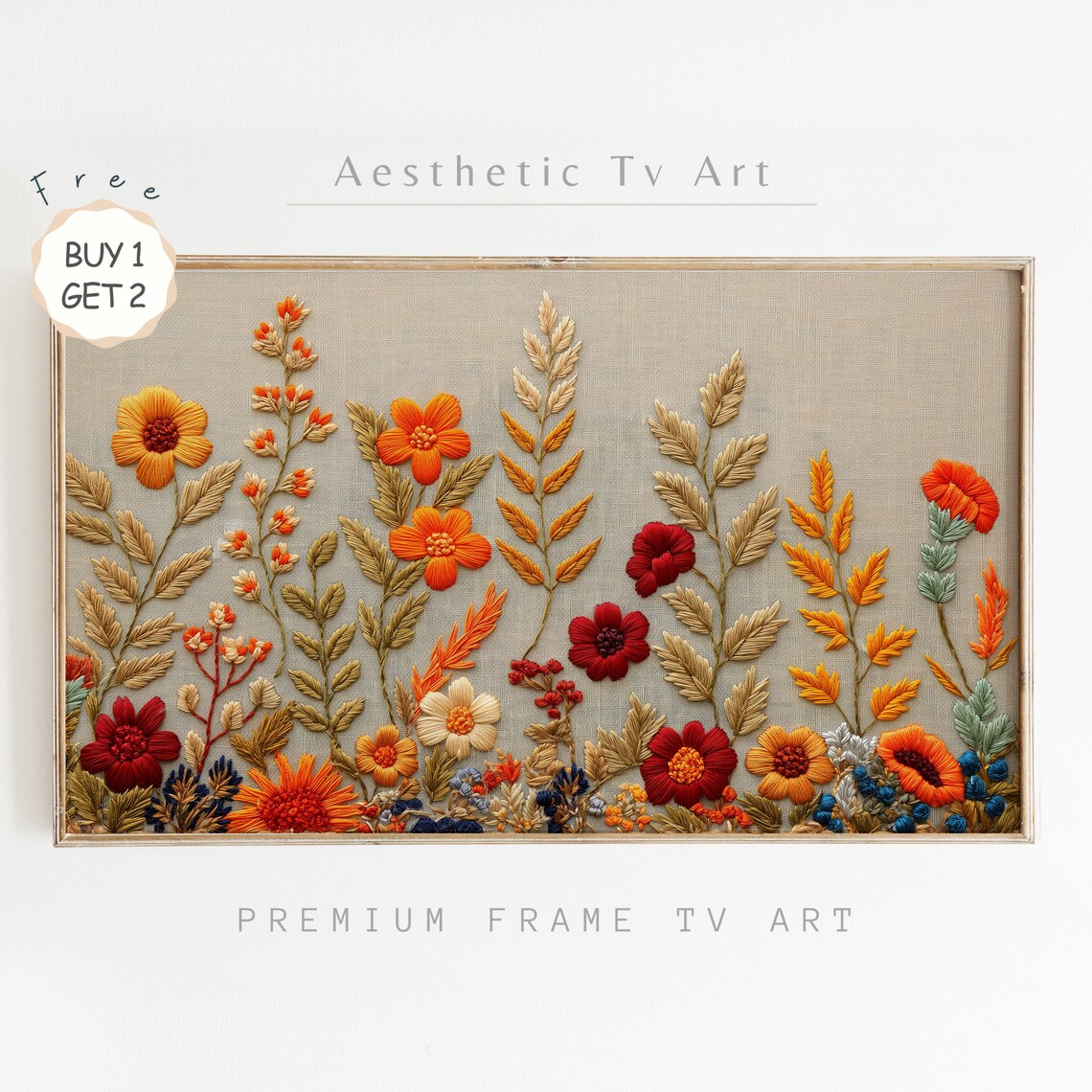 Autumn Floral Embroidery Textured Orange Wildflowers Linen Wall Art