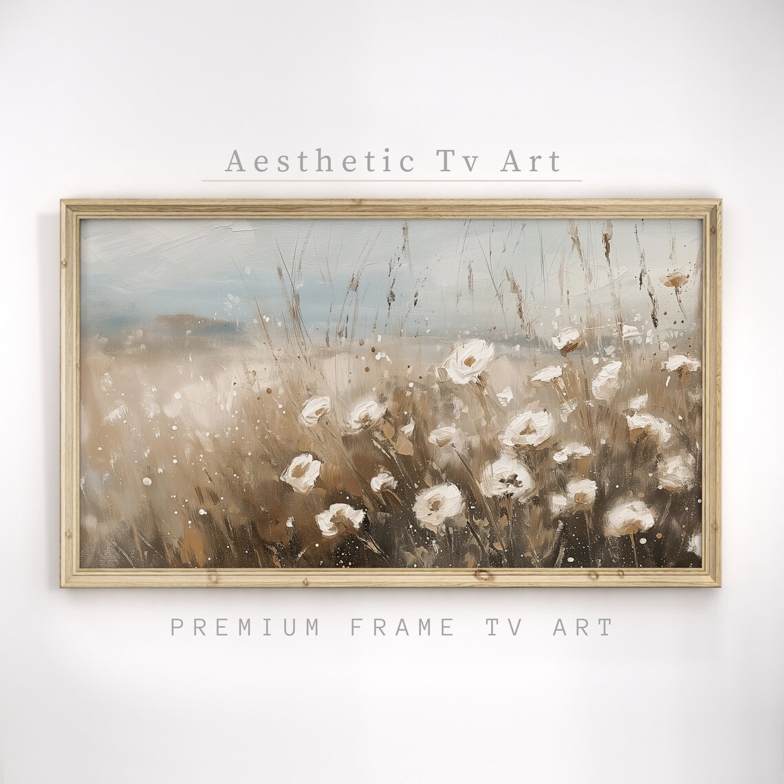 Neutral Beige Wildflower Meadow Soft Abstract Oil Painting Wall Art - Image 3