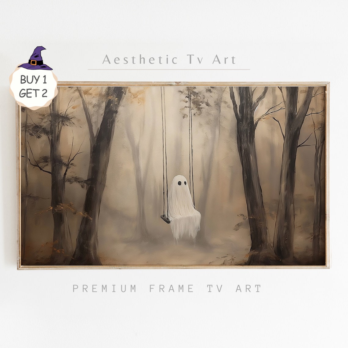 Cute Ghost on Swing Misty Forest Neutral Spooky Halloween Wall Art