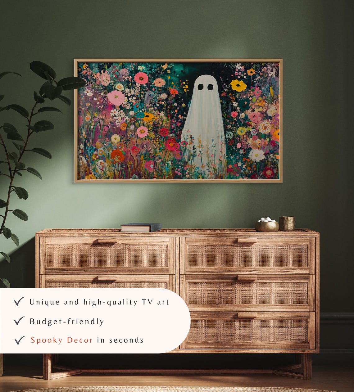 Ghost Among Colorful Wildflowers Bright Floral Halloween TV Art - Image 3