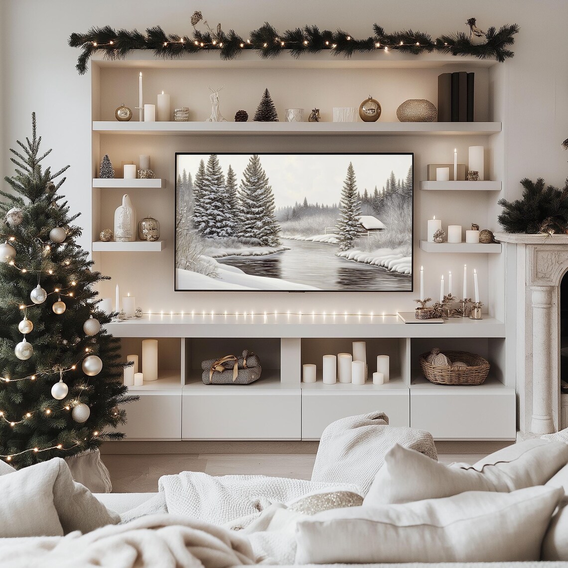 Snowy Winter Forest River Pine Trees Cozy Cabin Christmas TV Art - Image 3