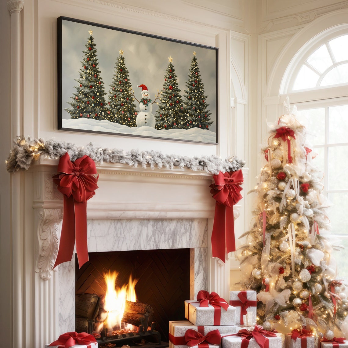 Snowman With Santa Hat Four Decorated Christmas Trees Snow Wall Art - Image 3