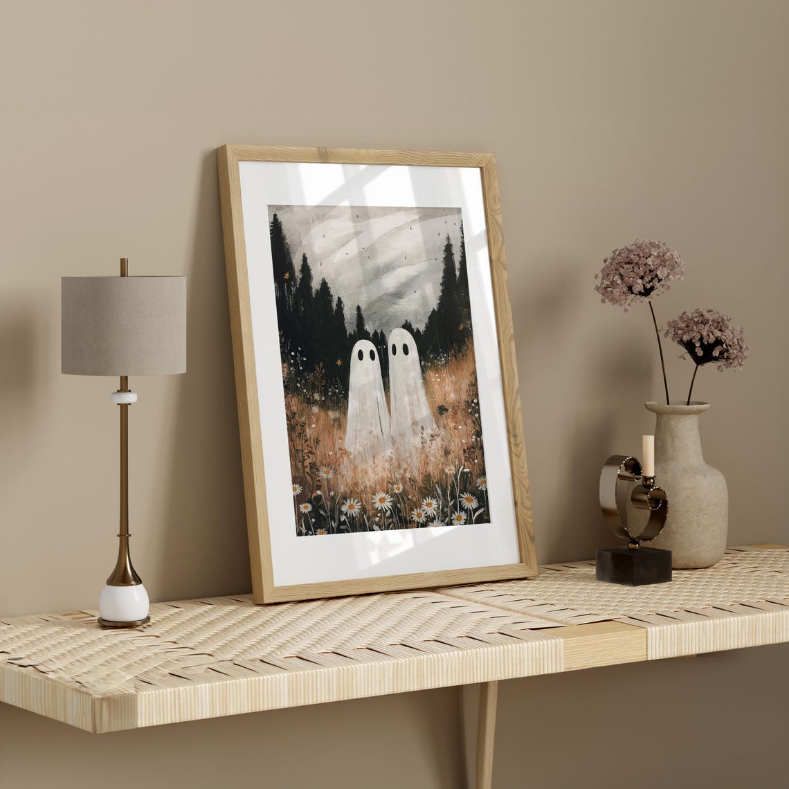 Vintage Cute Ghosts In Wildflower Meadow Print Neutral Halloween Fall Painting Wall Art Moody Ghosts Autumn Decor - Image 3