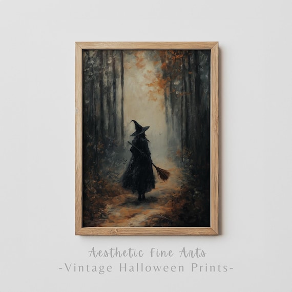 Vintage Witchy Wall Art Dark Moody Witch Painting Witch With Broom In A Spooky Forest Halloween Print Cottagecore Decor
