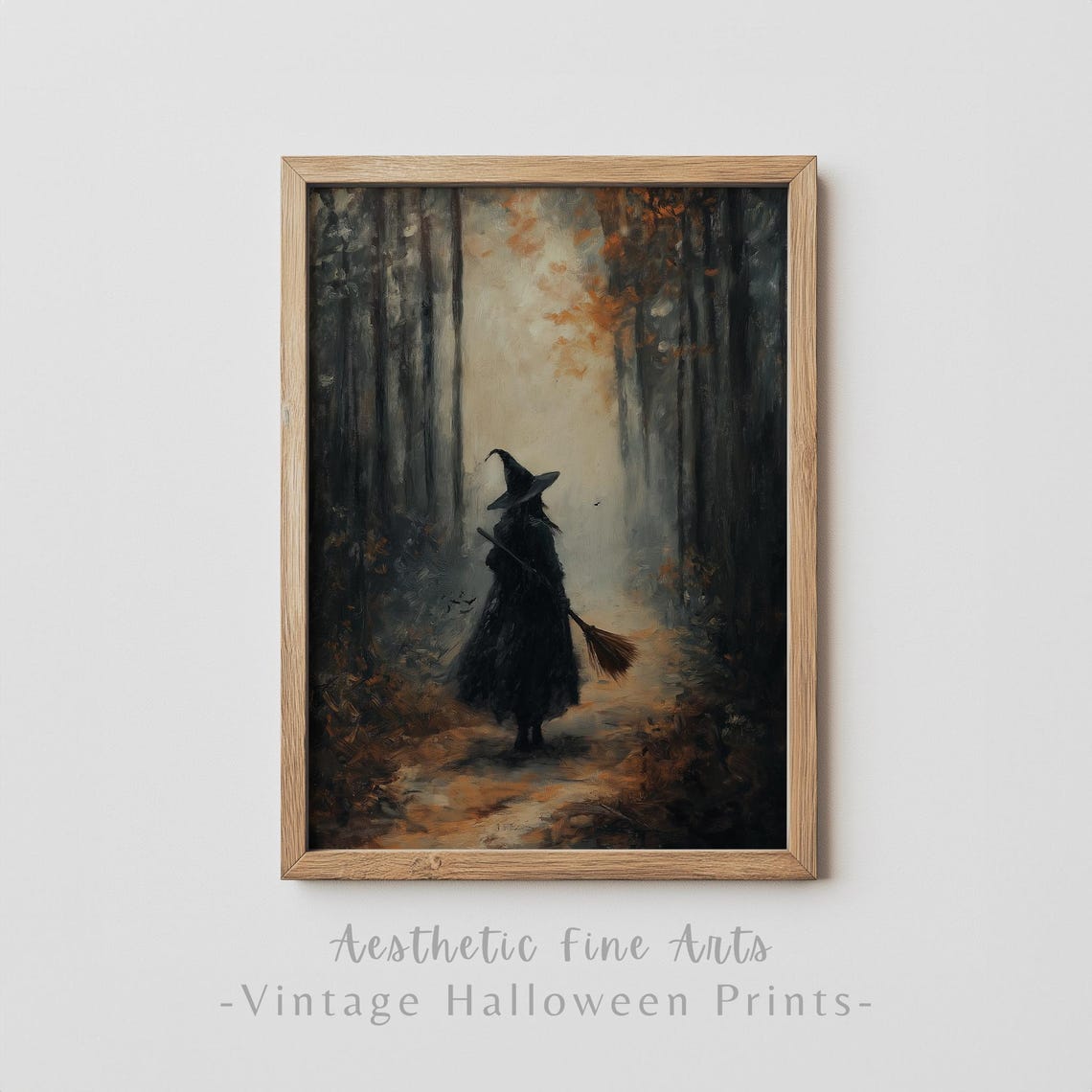 Dark Witch With Broom In Misty Autumn Forest Vintage Halloween Poster