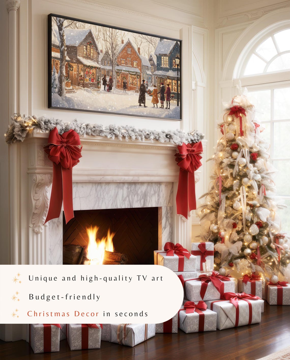 Christmas Town Frame Tv Art Cozy Christmas Art For Frame Tv Art Farmhouse Christmas Aesthetic Neutral Snowy Town Painting - Image 4
