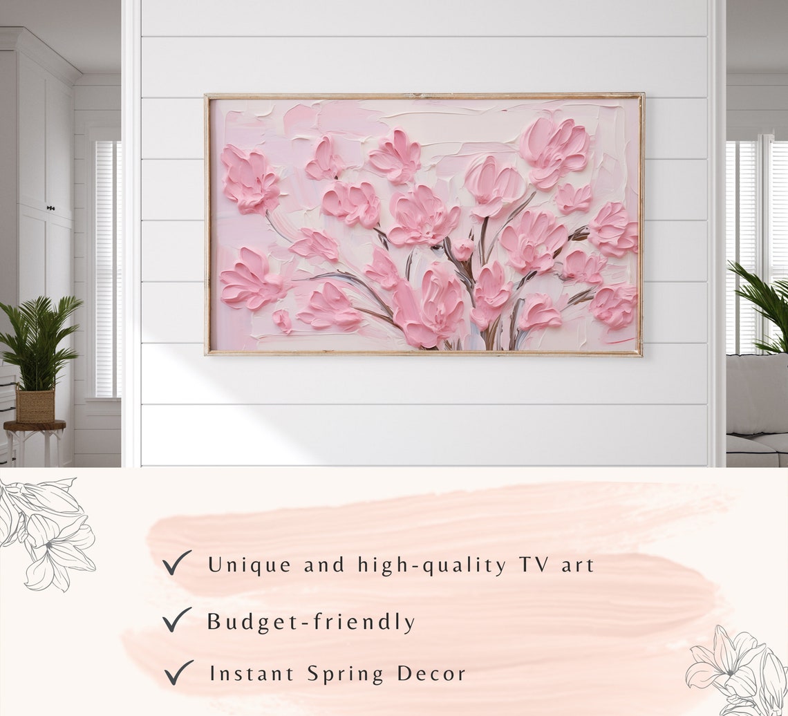Pink Magnolia Blossoms Impasto Textured Spring Floral Poster - Image 3